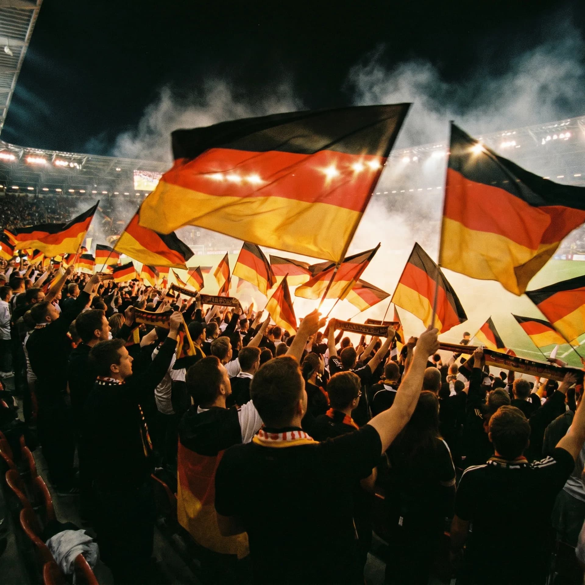 Tausende deutsche Fans mit großen Schwarz-Rot-Gold Flaggen im Stadion
