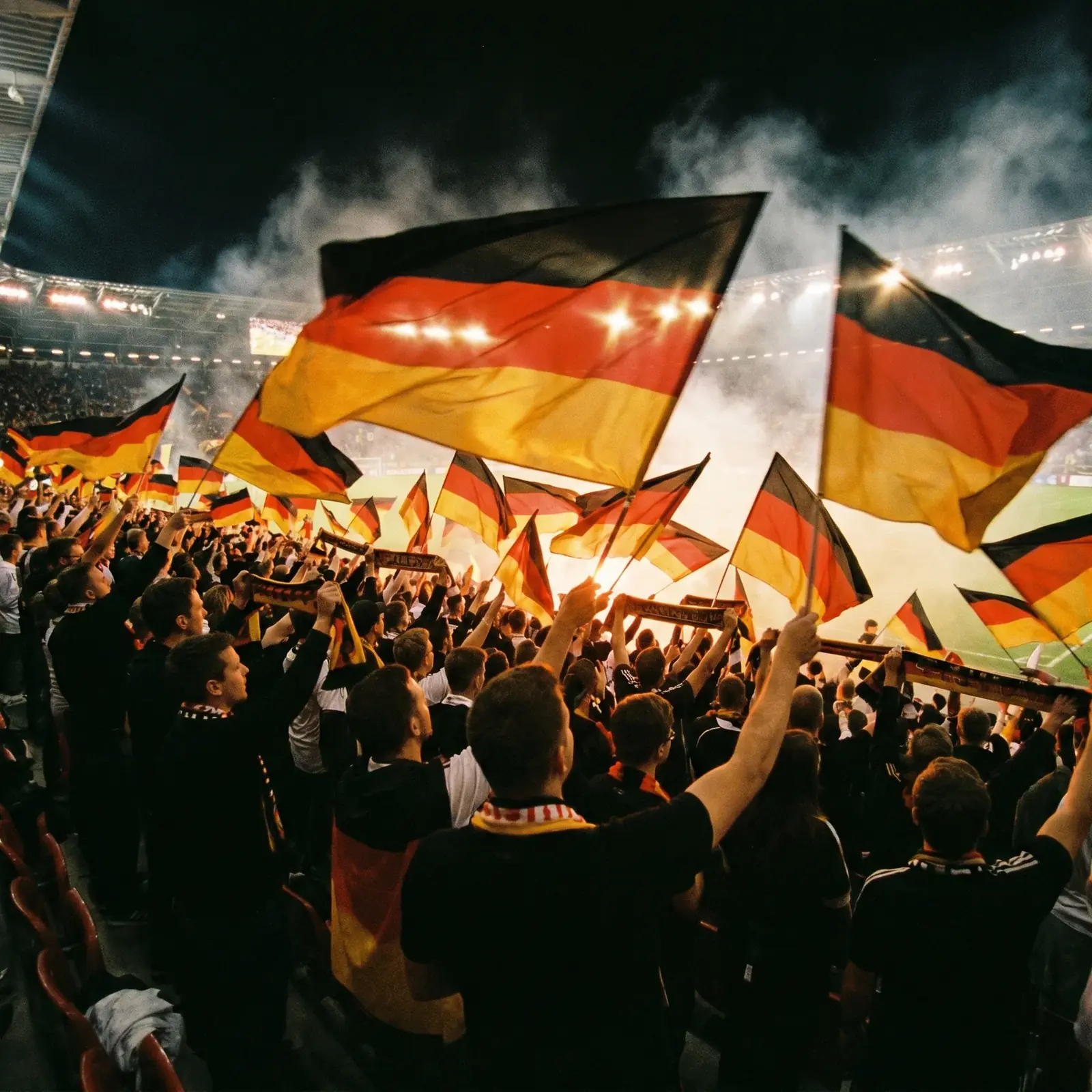 Tausende deutsche Fans mit großen Schwarz-Rot-Gold Flaggen im Stadion